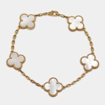 Pre Owned Van Cleef & Arpels Vintage Alhambra Mother Of Pearl 18k Yellow Gold 5 Motif Station Bracelet