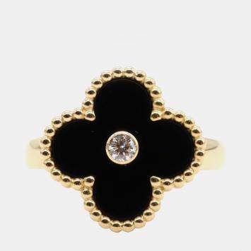Pre Owned Van Cleef & Arpels Vintage Alhambra 18K Yellow Gold, Diamond, Onyx Ring EU 50