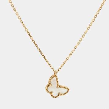 Pre Owned Van Cleef & Arpels Butterfly Sweet Alhambra Mother of Pearl 18k Yellow Gold Necklace