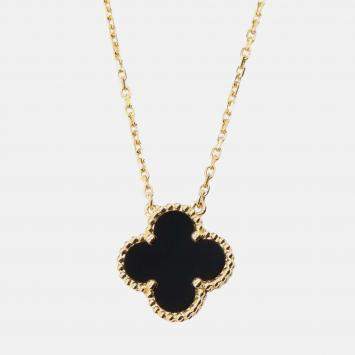 Pre Owned Van Cleef & Arpels 18K Yellow Gold and Onyx Vintage Alhambra Pendant Necklace