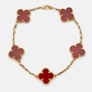 Pre Owned Van Cleef & Arpels Vintage Alhambra Carnelian 18k Yellow Gold 5 Motif Station Bracelet
