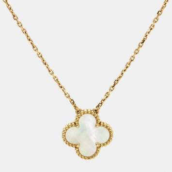 Pre Owned Van Cleef & Arpels Vintage Alhambra Mother of Pearl 18k Yellow Gold Necklace