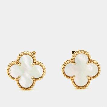 Pre Owned Van Cleef & Arpels Vintage Alhambra Mother of Pearl 18k Yellow Gold Earrings