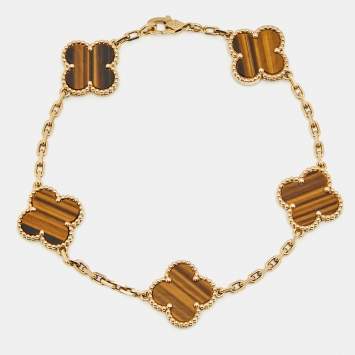 Pre Owned Van Cleef & Arpels Vintage Alhambra Tiger's Eye 18k Yellow Gold 5 Motif Station Bracelet