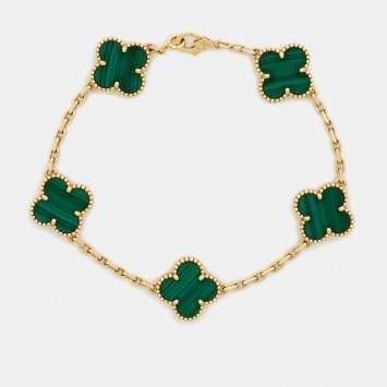 Pre Owned Van Cleef & Arpels Vintage Alhambra Malachite 18k Yellow Gold 5 Motif Station Bracelet