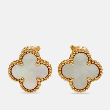 Pre Owned Van Cleef & Arpels Vintage Alhambra Mother of Pearl 18k Yellow Gold Earrings