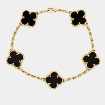 Pre Owned Van Cleef & Arpels Vintage Alhambra Onyx 18k Yellow Gold 5 Motif Station Bracelet