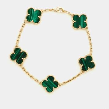 Pre Owned Van Cleef & Arpels Vintage Alhambra Malachite 18k Yellow Gold 5 Motif Station Bracelet