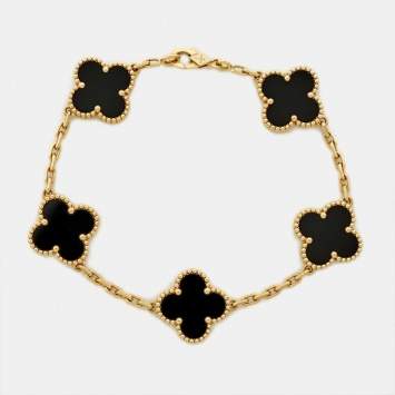 Pre Owned Van Cleef & Arpels Vintage Alhambra Onyx 18k Yellow Gold 5 Motif Station Bracelet