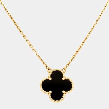 Pre Owned Van Cleef & Arpels Vintage Alhambra Onyx 18k Yellow Gold Necklace
