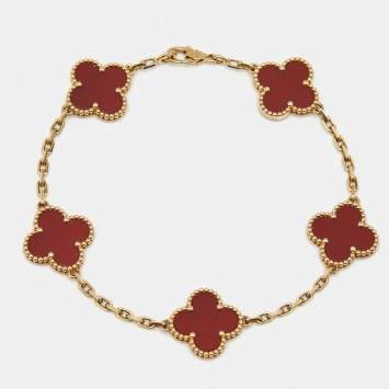 Pre Owned Van Cleef & Arpels Vintage Alhambra Carnelian 18k Yellow Gold 5 Motif Station Bracelet