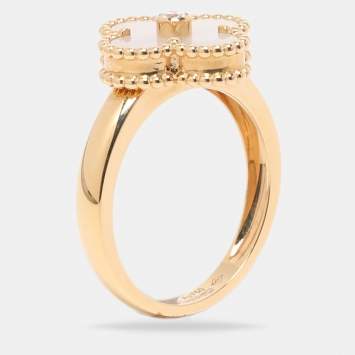 Pre Owned Van Cleef & Arpels Vintage Alhambra Diamond Mother of Pearl 18K Yellow Gold Ring Size 57