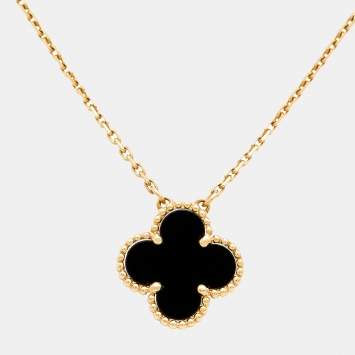 Pre Owned Van Cleef & Arpels Vintage Alhambra Onyx 18k Yellow Gold Necklace