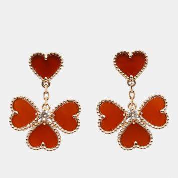 Pre Owned Van Cleef & Arpels Sweet Alhambra Effeuillage 18K Rose Gold Carnelian Earrings
