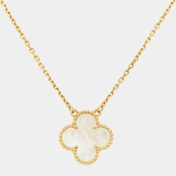 Pre Owned Van Cleef & Arpels Vintage Alhambra Mother of Pearl 18k Yellow Gold Necklace