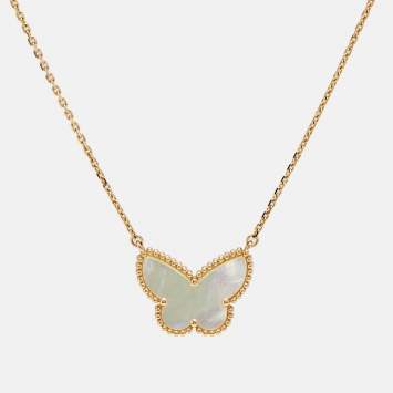 Pre Owned Van Cleef & Arpels Lucky Alhambra Butterfly Mother of Pearl 18k Yellow Gold Necklace