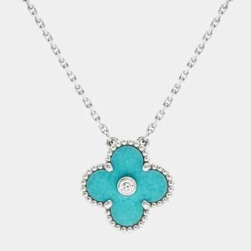 Pre Owned Van Cleef & Arpels Vintage Alhambra Limited Edition Holiday 2022 Celadon Sevres Porcelain Diamond 18k White Gold Necklace