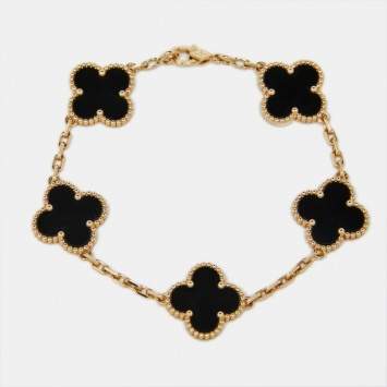Pre Owned Van Cleef & Arpels Vintage Alhambra Onyx 18k Yellow Gold 5 Motif Station Bracelet