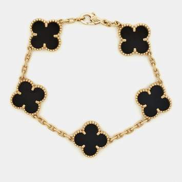Pre Owned Van Cleef & Arpels Vintage Alhambra Onyx 18k Yellow Gold 5 Motif Station Bracelet