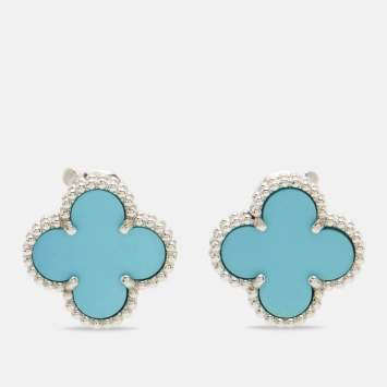 Pre Owned Van Cleef & Arpels Vintage Alhambra Turquoise 18k White Gold Earrings