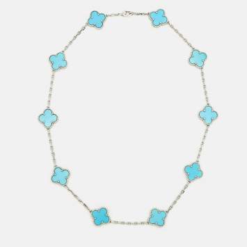 Pre Owned Van Cleef & Arpels Vintage Alhambra Turquoise 18k White Gold 10 Motifs Station Necklace