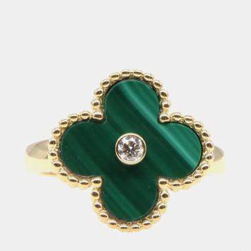 مملوكة مسبقًا Van Cleef & Arpels Vintage Alhambra Malachite Diamond 18K Yellow Gold Ring EU 50