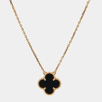 Pre Owned Van Cleef & Arpels Vintage Alhambra Onyx 18k Yellow Gold Pendant Necklace