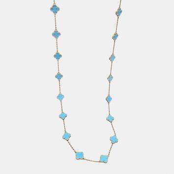 Pre Owned Van Cleef & Arpels Vintage Alhambra Turquoise Yellow Gold Limited Edition 20 Motif Necklace 