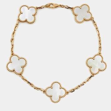Pre Owned Van Cleef & Arpels Vintage Alhambra Mother of Pearl 18k Yellow Gold 5 Motif Station Bracelet