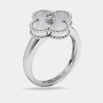 Pre Owned Van Cleef & Arpels Vintage Alhambra Diamond Mother of Pearl 18k White Gold Ring