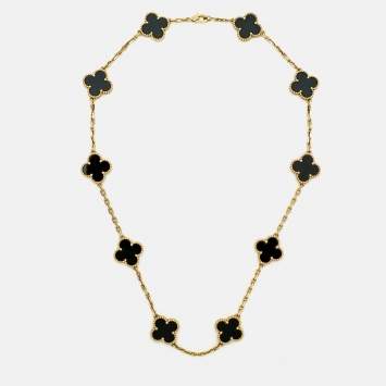 Pre Owned Van Cleef & Arpels Vintage Alhambra Onyx 18k Yellow Gold 10 Motif Necklace