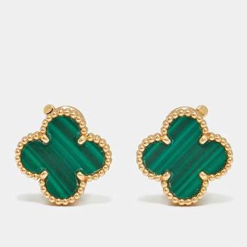 Pre Owned Van Cleef & Arpels Vintage Alhambra Malachite 18k Yellow Gold Earrings