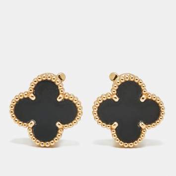 مملوكة مسبقًا Van Cleef & Arpels Vintage Alhambra Onyx 18k Yellow Gold Earrings