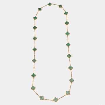 Pre Owned Van Cleef & Arpels Vintage Alhambra Malachite 18k Yellow Gold 20 Motif Long Necklace