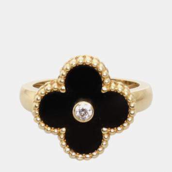 مملوكة مسبقًا خاتم فان كليف & أيربلز فينتاج ألهامبرا عقيق أسود مع ألماسة مستديرة مقاس الاتحاد الأوروبي 49