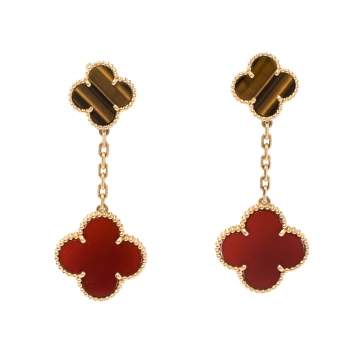 Pre Owned Van Cleef & Arpels Magic Alhambra Carnelian Tiger's Eye 2 Motifs 18K Yellow Gold Earrings