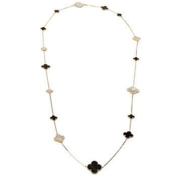 Pre Owned Van Cleef & Arpels Magic Alhambra 16 Motif Mother of Pearl Onyx 18K Yellow Gold Long Station Necklace