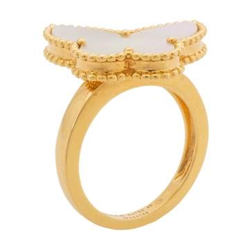 Pre Owned Van Cleef & Arpels Lucky Alhambra Butterfly Motif Mother of Pearl 18K Yellow Gold Ring Size 55