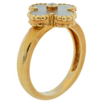 Pre Owned Van Cleef & Arpels Vintage Alhambra Mother of Pearl Diamond 18K Yellow Gold Ring Size 58