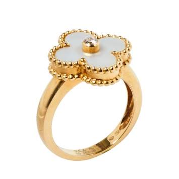 مملوكة مسبقًا Van Cleef & Arpels Vintage Alhambra Diamond Mother of Pearl 18K Yellow Gold Ring Size 50