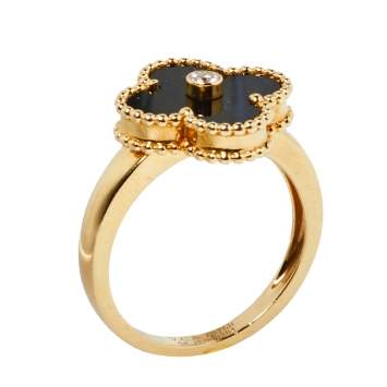 Pre Owned Van Cleef & Arpels Vintage Alhambra Diamond Onyx 18K Yellow Gold Ring Size 54