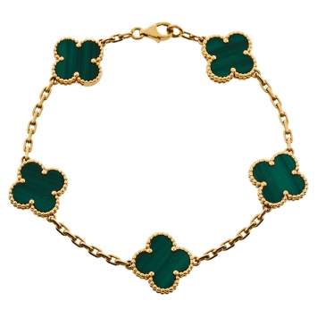Pre Owned Van Cleef & Arpels Vintage Alhambra 5 Motifs Malachite 18K Yellow Gold Bracelet