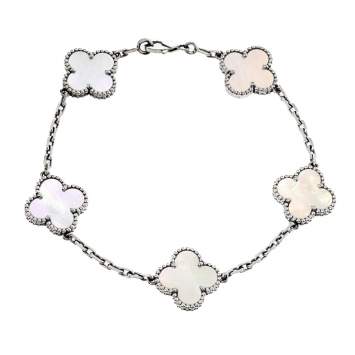 Pre Owned Van Cleef & Arpels Vintage Alhambra 5 Motifs Mother of Pearl 18K White Gold Bracelet