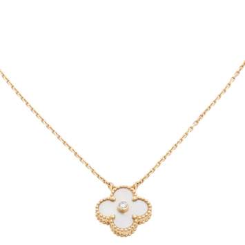 مملوكة مسبقًا Van Cleef & Arpels Vintage Alhambra Diamond Mother of Pearl 18K Yellow Gold Necklace