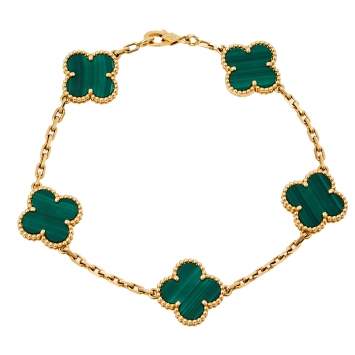 Pre Owned Van Cleef & Arpels Vintage Alhambra Malachite 18K Yellow Gold 5 motifs Bracelet