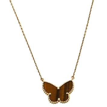 Pre Owned Van Cleef & Arpels Lucky Alhambra Tiger's Eye 18K Yellow Gold Butterfly Pendant Necklace