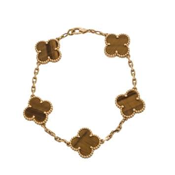 Pre Owned Van Cleef & Arpels Vintage Alhambra Tiger Eye 18K Yellow Gold 5 Motifs Bracelet 