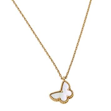 Pre Owned Van Cleef and Arpels Sweet Alhambra Butterfly Mother of Pearl & 18k Yellow Gold Pendant Necklace