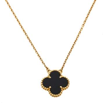 Pre Owned Van Cleef & Arpels Vintage Alhambra Onyx 18k Yellow Gold Pendant Necklace 