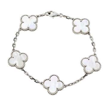 Pre Owned Van Cleef & Arpels Vintage Alhambra 5 Motif Mother of Pearl 18K White Gold Bracelet